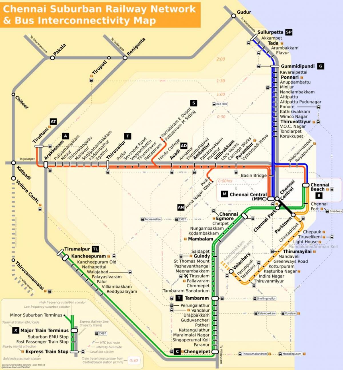 Chennai mapa de la ciutat amb autobús rutes
