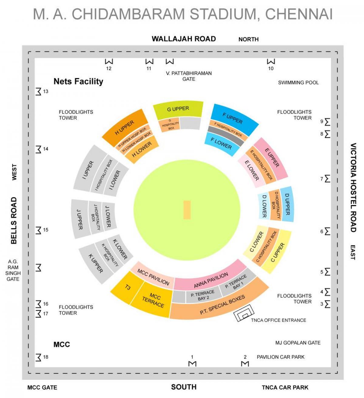 Chepauk estadi estands de disseny mapa