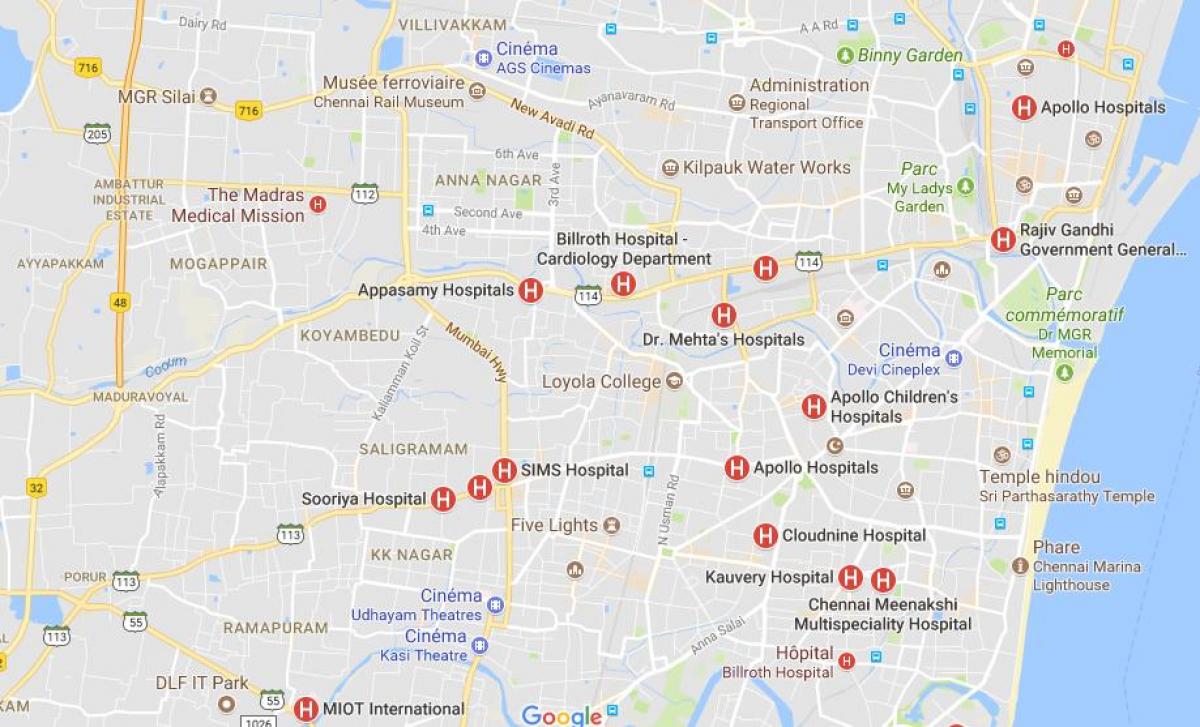 mapa de Chennai Hospitals 
